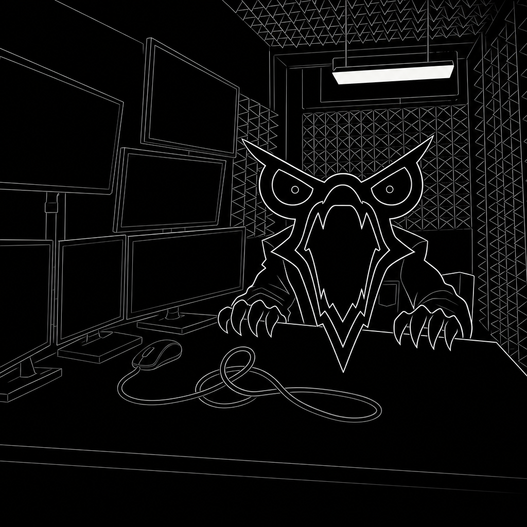 Dex Screamer peering clawed over a desk edge in a padded room